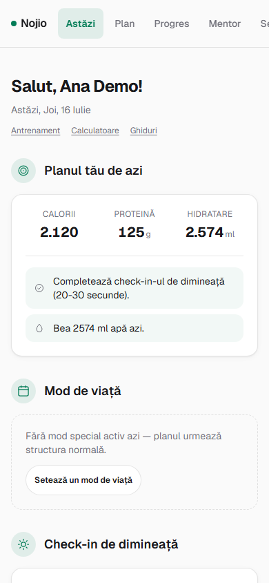 Ecranul Astăzi din Nojio, cu planul zilei și check-in-urile