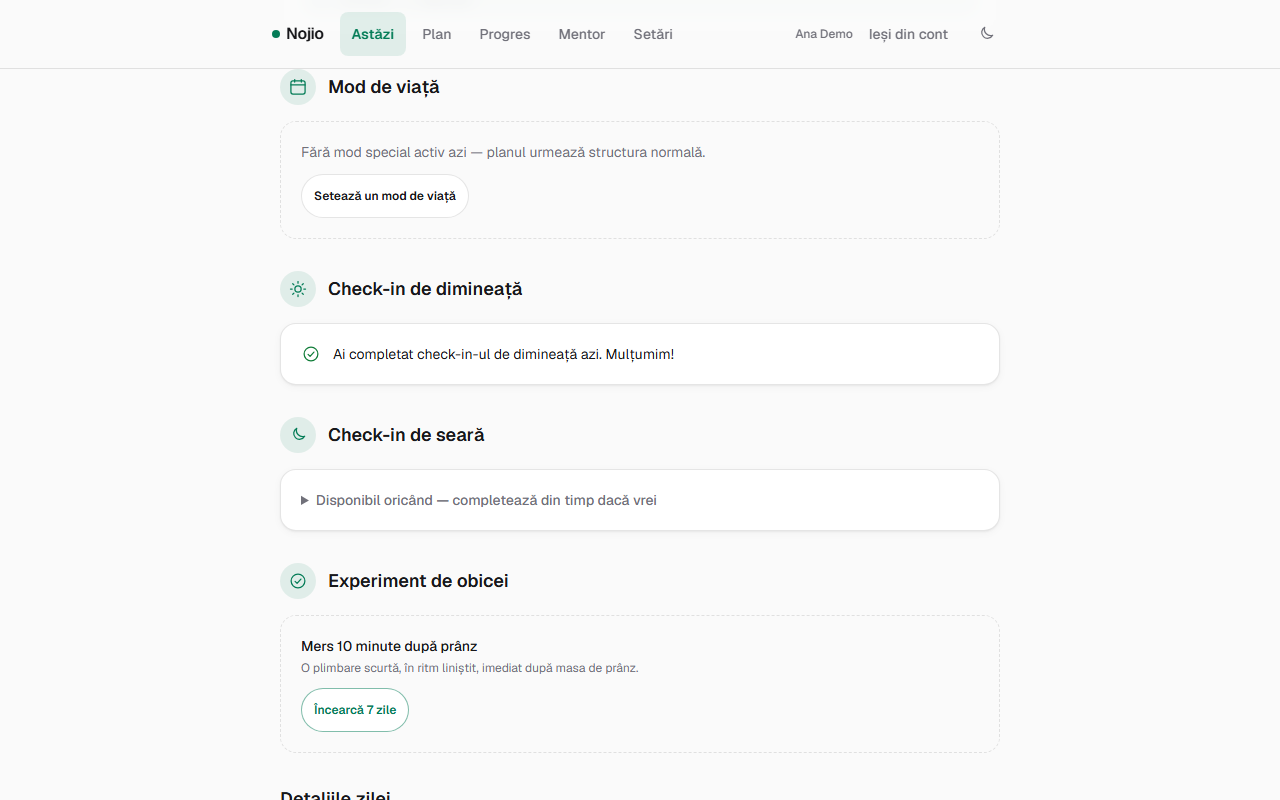 Ecranul Astăzi din Nojio, cu planul zilei și check-in-urile
