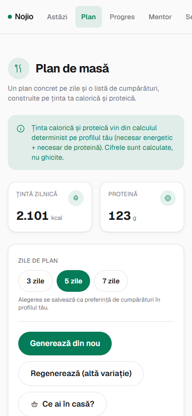 Ecranul Plan din Nojio, cu mesele săptămânii și lista de cumpărături