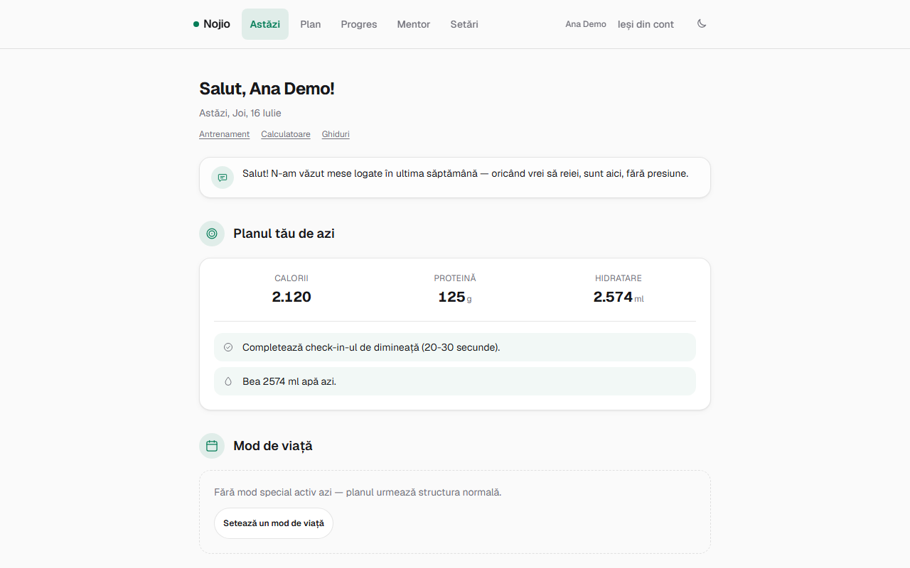 Pagina Astăzi din Nojio, cu planul zilei, check-in-urile și recomandările personalizate